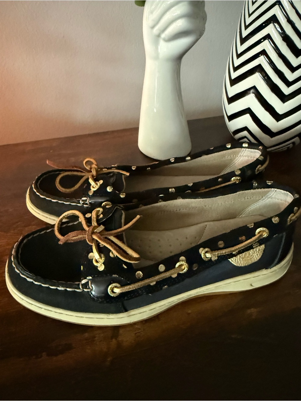 Sperry Black Moccasin Boat Shoes with Gold Accents